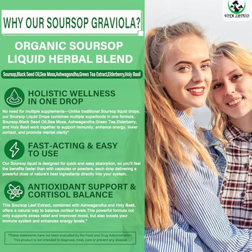 Vita Letuo Soursop DropsSoursop Bitters Liquid With Sea Moss Black Seed Oil Green Tea Extract Ashwagandha Elderberry Holy Basil-Multimineral&Vitamins Superfood Drops For Immune&Digestive & Cell Support