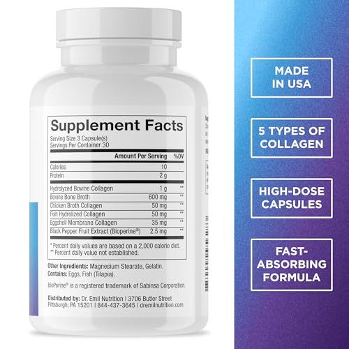 Dr. Emil Nutrition Multi Collagen - Hydrolyzed Collagen Supplement - Types I Ii Iii V & X - Hair Skin Nails & Joint Support - Non-Gmo & Gluten-Free 90 Capsules