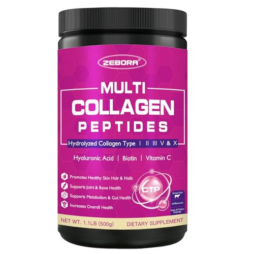 Zebora Collagen Peptides Powder 50 Servings - Hydrolyzed Multi Collagen Type I Ii Iii V X With Hyaluronic Acid Biotin Vitamin C - Support Skin Hair Nail Joints Unflavored Keto & Paleo Friendly