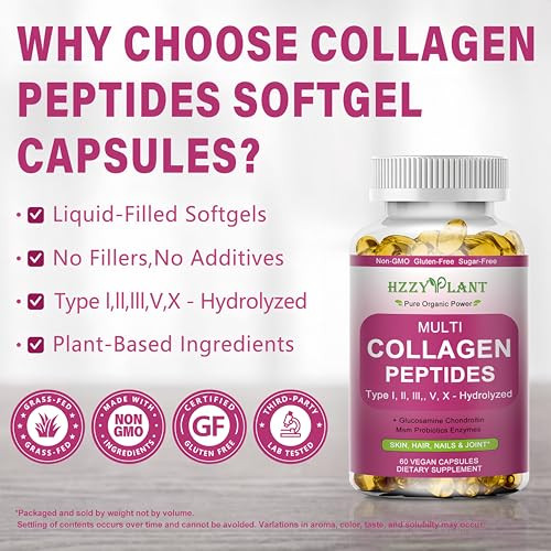 Hzzyplant Multi Collagen Peptides Softgel - Type I Ii Iii V X - Hydrolyzed Collagen Peptides With Biotin Vitamin C Hyaluronic Acid For Women & Men Supports Skin Hair Nail & Joint Non-Gmo 60 Servings