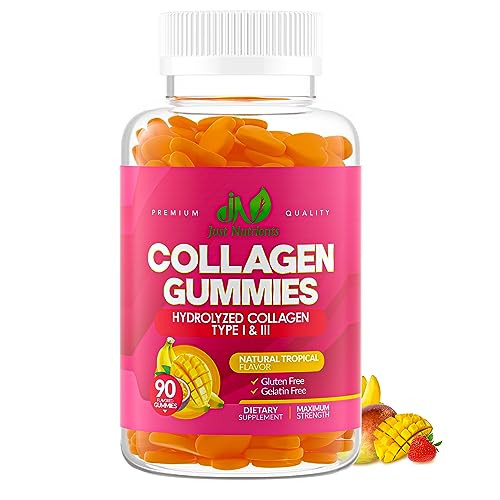 Just Nutrients Collagen Gummies For Women & Men (90 Count) - Premium Hydrolyzed Collagen Type I & Iii For Hair Skin & Nails Support - Great Tasting Tropical Flavor Gluten-Free Non-Gmo - 90 Gummies (45 Servings)