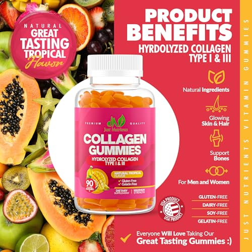 Just Nutrients Collagen Gummies For Women & Men (90 Count) - Premium Hydrolyzed Collagen Type I & Iii For Hair Skin & Nails Support - Great Tasting Tropical Flavor Gluten-Free Non-Gmo - 90 Gummies (45 Servings)