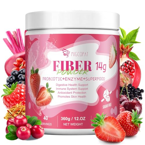 Migcopat Superfood Fiber Powder With Probiotics Prebiotics Digestive Enzymes Vitamin C Inulin Magnesium 14G Fiber Supplement For Digestive Support & Skin Health Strawberry 40 Serv