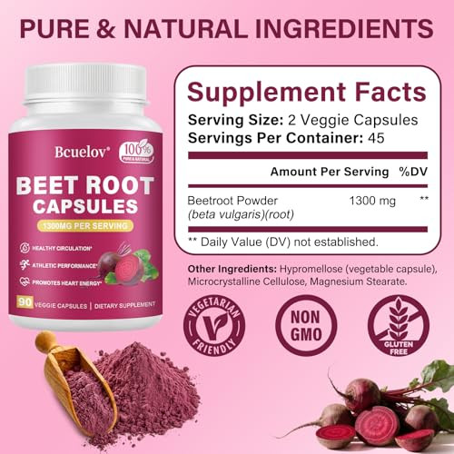 Bcuelov Beet Root Capsules | 1300Mg Pure Beetroot Powder Capsules Supports Blood Pressure Natural Energy & Endurance - 90 Capsules 45 Days Supply