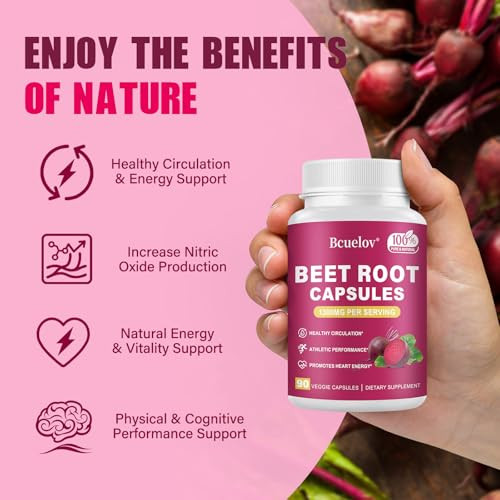 Bcuelov Beet Root Capsules | 1300Mg Pure Beetroot Powder Capsules Supports Blood Pressure Natural Energy & Endurance - 90 Capsules 45 Days Supply