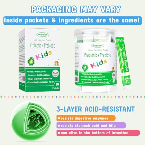 Zebora Kids Probiotic & Prebiotics Powder Age 3+ Support Children'S Digestive & Immune System With Natural Source Promotes Constipation Relief Non-Gmo Gluten-Free 30 Packets With 5 Billion Cfus