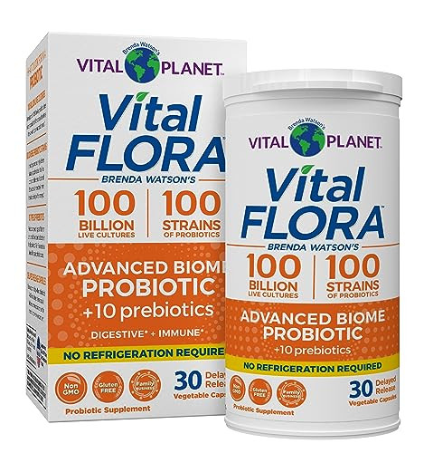 Vital Planet - Vital Flora Advanced Probiotic 100 Billion Cfu 100 Diverse Strains 10 Organic Prebiotics Immune Support Digestive Health Shelf Stable Probiotics For Women And Men 30 Capsules