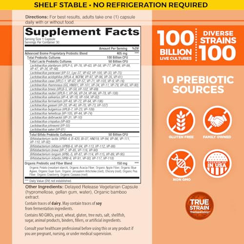 Vital Planet - Vital Flora Advanced Probiotic 100 Billion Cfu 100 Diverse Strains 10 Organic Prebiotics Immune Support Digestive Health Shelf Stable Probiotics For Women And Men 30 Capsules