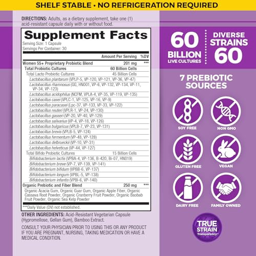 Vital Planet - Vital Flora Probiotics For Women Over 55 Daily Shelf Stable Probiotic 60 Billion Cfu 60 Diverse Strains 7 Organic Prebiotics Immune Support And Digestive Health 30 Capsules