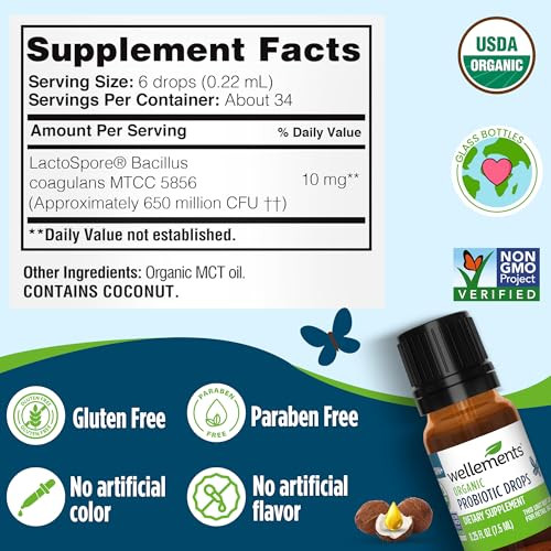 Wellements Organic Baby Probiotic Drops (0.25 Fl Oz) - Digestive & Immune Support For Infants - Toddler Probiotic Helps With Newborn+ Gut Health Gas Constipation & Colic Support - Preservative Free