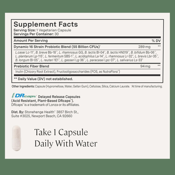 Stonehenge Health Dynamic Biotics - 55 Billion Cfu Probiotic With 16 Strains & Prebiotic Fiber - Lactobacillus Acidophilus - Delayed Release Shelf Stable Digestive & Immune Support 60 Caps