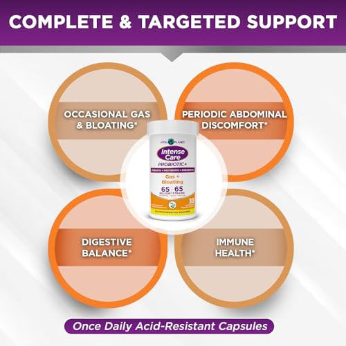 Vital Planet - Intense Care Gas & Bloating Probiotics Plus Organic Prebiotics Postbiotics Parabiotics Complete 4-In-1 Supplement For Adults 65 Billion Cfu 65 Strains Digestive And Immune 30 Ct