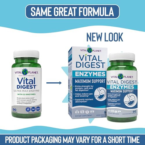 Vital Planet Vital Digest Natural Digestive Enzymes Supports Breakdown Of Proteins Fats And Carbohydrates And Reduces Occasional Gas Bloating And Indigestion 90 Capsules (Packaging May Vary)