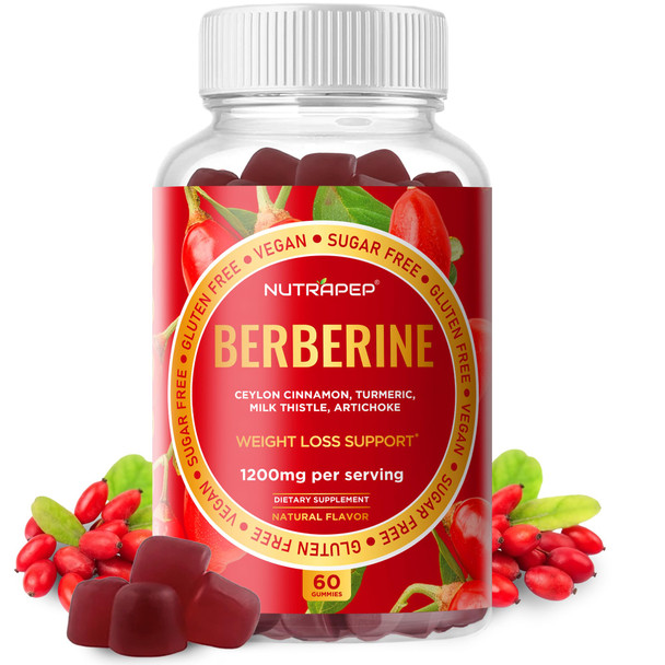 Nutrapep Premium Berberine Hcl Weight Loss Support Gummies - 1200 Mg Berberine Hcl With Ceylon Cinnamon Turmeric Milk Thistle Artichoke For Metabolism Appetite Support - Sugar Free Gluten Free