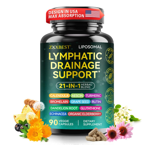 Bucaoagu Lymphatic Drainage Supplements - 21-In-1 Organic Immune & Lymph System Support For Women & Men - Echinacea Elderberry Dandelion Rosehip Bromelain Calendula Turmeric Glutathione 90 Capsules