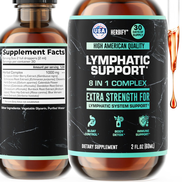 Herbify Lymphatic Drainage Drops For Liver Detox & Immune Support - Lymph System Support Drops - Detox Cleanse - 30 Days Supply - 2 Fl Oz Made In Usa