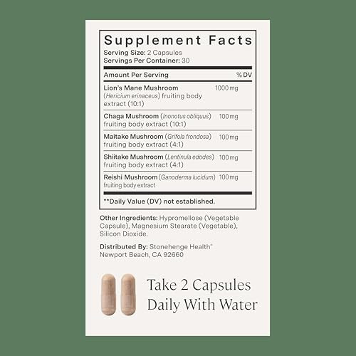 Stonehenge Health Dynamic Mushrooms 1400 Mg Per Serving 5 Mushroom Complex (Lion S Mane Reishi Chaga Maitake Shiitake) 100% Fruiting Bodies No Mycelium Brain Memory & Immune Support 60 Caps