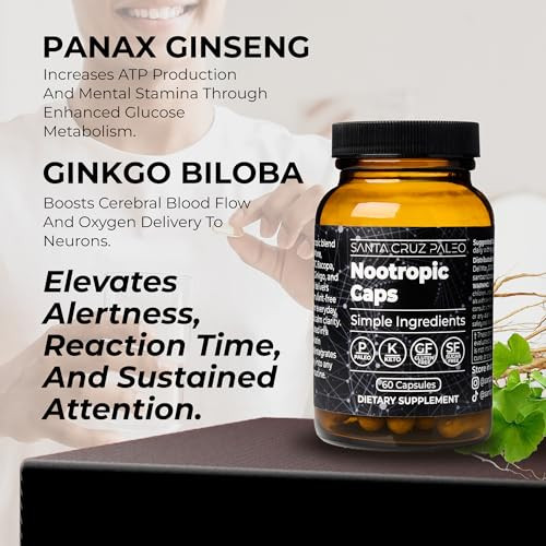 Santa Cruz Paleo Nootropic Capsules Lions Mane Alpha Gpc Panax Ginseng & Ginkgo Biloba For Focus Memory Mental Clarity & Energy Keto Paleo Gluten Free Brain Supplement 60 Caps