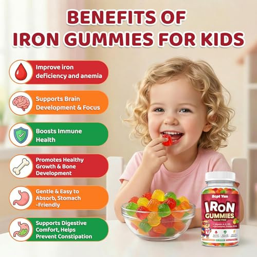 Sept Yan Iron Supplement Gummies For Kids Kids Multivitamin With Iron - Vitamin B Complex C D3 Calcium Folate Zinc Fos For Blood Builder & Energy Support Iron Deficiency VeganMixed Fruit Flavor60 Ct