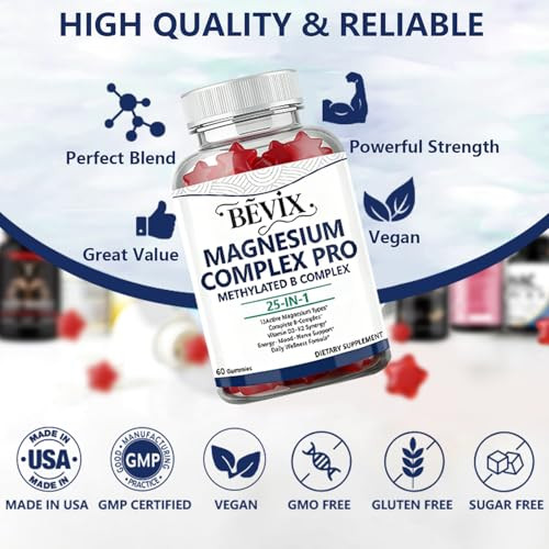 Bevix Magnesium Complex Gummies With Methylated B Complex Magnesium Glycinate Citrate Malate Taurate Gluconate Aspartate Carbonate D3 K2 Magnesium For Relaxation Energy & Nerve 60 Gummies