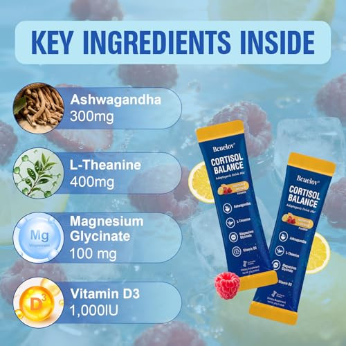 Bcuelov Calm Cortisol Reducer Powdered Drink Mix Cortisol Reducer And Sleep Aid Supplement With Magnesium Glycinate Ashwagandha L-Theanine Vitamin D 3 For Sleep & Relaxation 30 Ct (Raspberry Lemonade)
