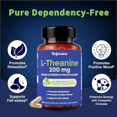 Hojasana L-Theanine 200Mg With Saffron Gaba Magnesium Glycinate & Vitamin B6 Advanced Complex Formula For Mood Relaxation & Stress Relief & Sleep Support 60 Vegan Capsules Non Gmo Gluten-Free