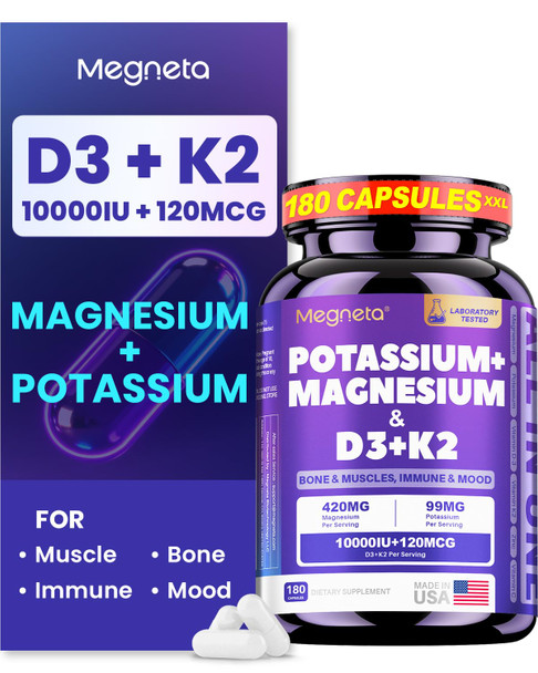Megneta 180 Capsules Magnesium Glycinate Potassium Vitamin D3 10000Iu K2 Mk-7 Supplement - High-Potency Synergistic Complex For Bone Heart Immune Health Mood Balance & Energy Support