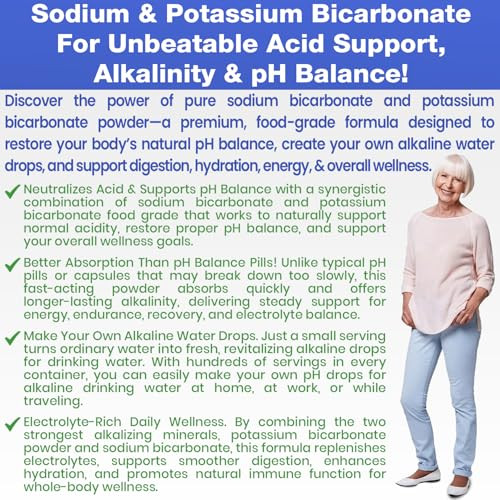 Kidney Restore Sodium Bicarbonate Powder & Potassium Bicarbonate Powder Ph Balance Supplement. Make Gallons Of Alkaline Water Drops For Acid/Alkaline Ph Balance Stomach Immune Performance. Alkaline Drinking Water