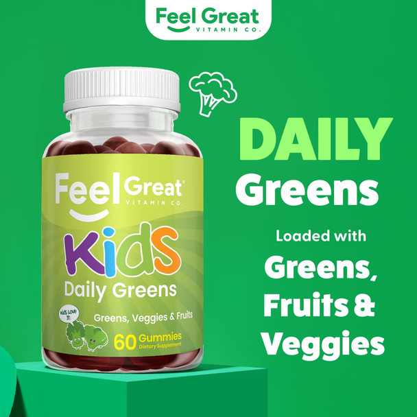 The Feel Great Vitamin Company Feel Great Super Green Gummies For Kids | Fruit And Vegetable Gummies | Vegan Veggie Gummy Multivitamin For Kids | Veggie Fiber Supplement 60 Count