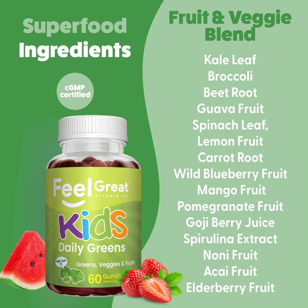 The Feel Great Vitamin Company Feel Great Super Green Gummies For Kids | Fruit And Vegetable Gummies | Vegan Veggie Gummy Multivitamin For Kids | Veggie Fiber Supplement 60 Count