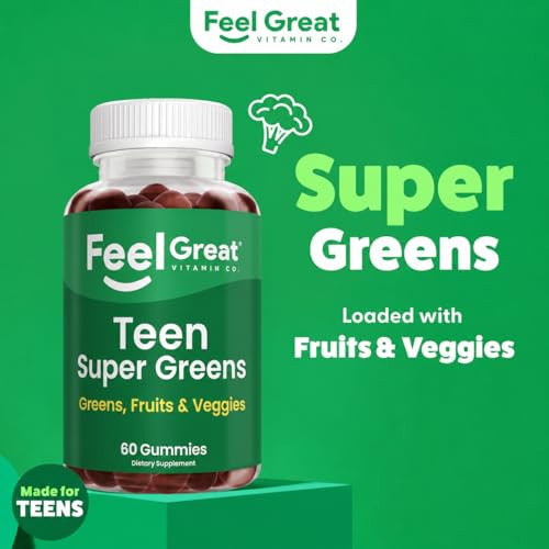 The Feel Great Vitamin Company Feel Great Super Green Gummies Teen Vitamins | Vegan Veggie Gummy Multivitamin For Teens | Fruit And Vegetable Supplement | Veggie Fiber Supplement 60 Count