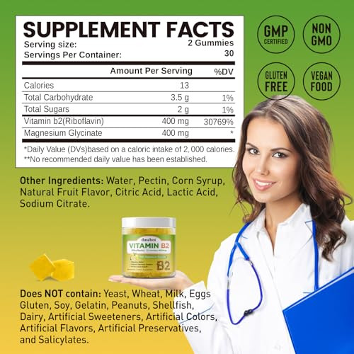 Duwhot Vitamin B2 Gummies With Magnesium- Riboflavin 400Mg For Migraine Relief & Headache Relief B2 Vitamins Gummies For Adults & Kids Vegan 60 Chewable