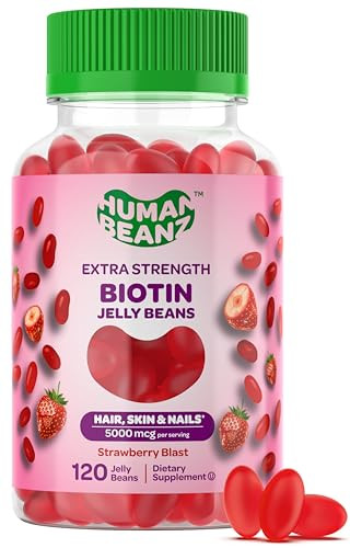 Human Beanz Biotin Jelly Bean Gummy Vitamins Extra Strength Biotin For Hair Skin And Nails 5000Mcg Per Serving Hair Growth Vitamins For Men And Women 120 Strawberry Blast Jelly Beans Kosher