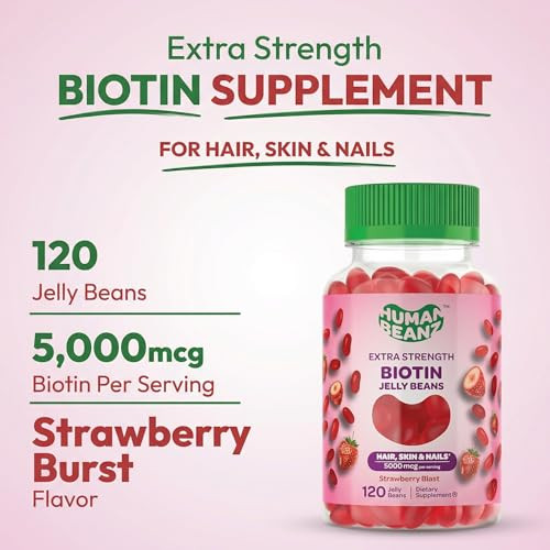Human Beanz Biotin Jelly Bean Gummy Vitamins Extra Strength Biotin For Hair Skin And Nails 5000Mcg Per Serving Hair Growth Vitamins For Men And Women 120 Strawberry Blast Jelly Beans Kosher