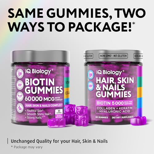 Iq Biology Biotin Gummies For Hair Skin And Nails - Hair Growth Vitamins For Women & Men - Hair Loss Gummy Supplement With Extra Strength Biotin (Vitamin B7) Collagen Keratin & Dht Blocker 60 Chewable Bears