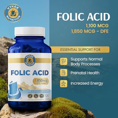 Vykee Nutrition Folic Acid Capsules - Supports Body Processes Prenatal Health And Energy - Vitamin B9 Supplement For Women - Vegan Non-Gmo Gluten Free - 1850 Mcg Dfe 120 Count