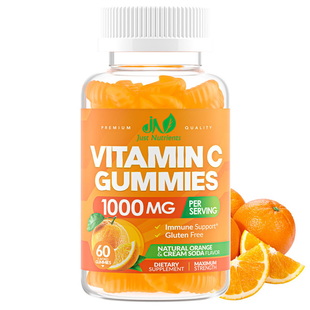 Just Nutrients Vitamin C Gummies 1000Mg Chewable Multivitamin For Adults & Kids With Zinc For Immune & Collagen Support Maximum Strength Natural Orange Flavor Gluten Free Non-Gmo Vegetarian 60 Gummies