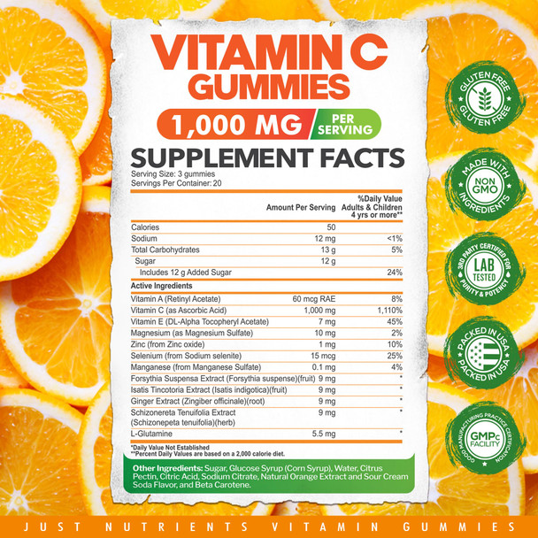 Just Nutrients Vitamin C Gummies 1000Mg Chewable Multivitamin For Adults & Kids With Zinc For Immune & Collagen Support Maximum Strength Natural Orange Flavor Gluten Free Non-Gmo Vegetarian 60 Gummies
