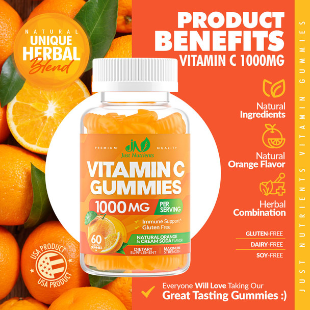 Just Nutrients Vitamin C Gummies 1000Mg Chewable Multivitamin For Adults & Kids With Zinc For Immune & Collagen Support Maximum Strength Natural Orange Flavor Gluten Free Non-Gmo Vegetarian 60 Gummies