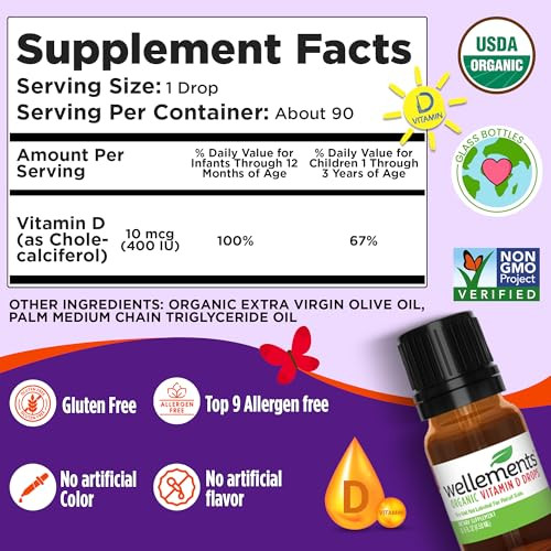 Wellements Baby Organic Vitamin D Drops For Infants & Toddlers (90-Day Supply) - Certified Newborn+ Liquid Vitamin D3 Drops Support Healthy Growth & Bone Development 400 Iu Per Drop (1 Drop Daily)