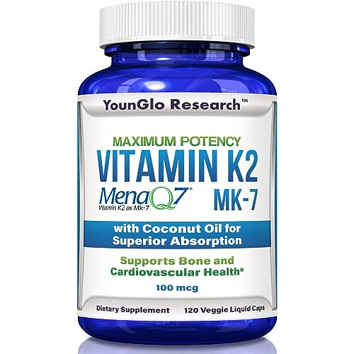Younglo Research Vitamin K2 Mk7 (Menaq7) 100 Mcg W/Coconut Oil For Superior Absorption Dietary Health Supplement 120 Vegan Liquid Capsules To Support Bone Strength & Density For Adults Women & Men