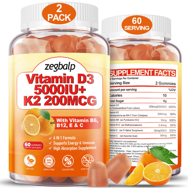 Zegbalp 2Packs Vitamin D3 K2 Gummies For Adults Sugar-Free Vitamin D3 5000Iu + K2(Mk-7) 200Mcg Supplement With Vitamin B Complex & Vitamin C E Supports Bone Muscle Teeth & Immune Vegan Gluten Free
