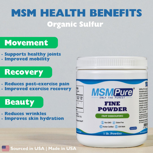 KALA HEALTH MSMPure Fast Dissolving Fine MSM Powder Crystals – US-Made MSM for Joint Health Skin Appearance and Hair & Nail Support – 1 lb Organic Sulfur