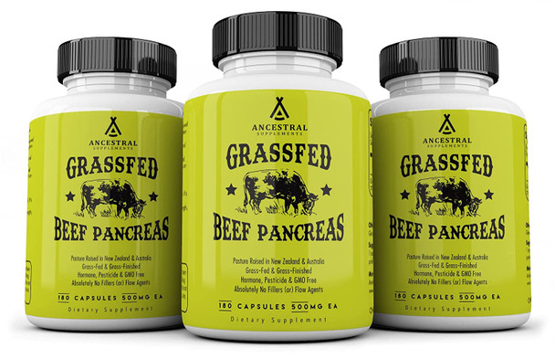 Ancestral Supplements Grass Fed Pancreas  Digestive, Proteolytic Enzymes (Including Trypsin) and Pancreatic Support (180 Capsules)