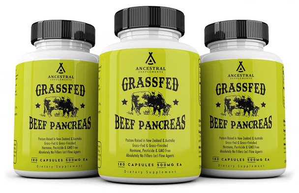 Ancestral Supplements Grass Fed Pancreas  Digestive, Proteolytic Enzymes (Including Trypsin) and Pancreatic Support (180 Capsules)