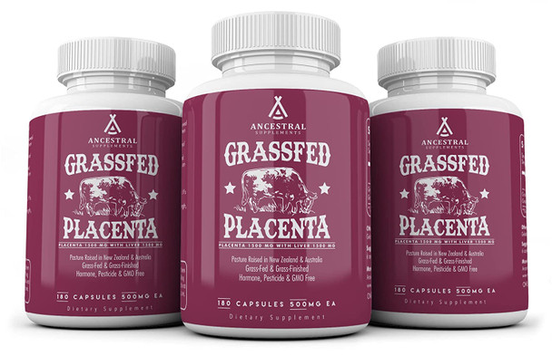 Ancestral Supplements Grass Fed Placenta (with Liver)  After Birth, Nursing, Menopause & Dry Skin Support (180 Capsules)