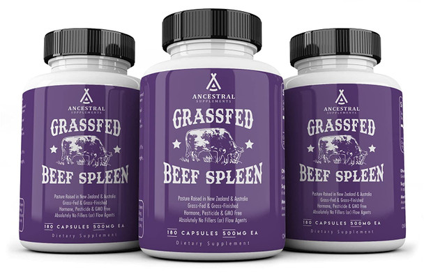 Ancestral Supplements Grass Fed Beef Spleen, Hormone, Pesticide & GMO Free, Absolutely No Fillers (or) Flow Agents, 500 MG Each Capsule, 180 Capsules