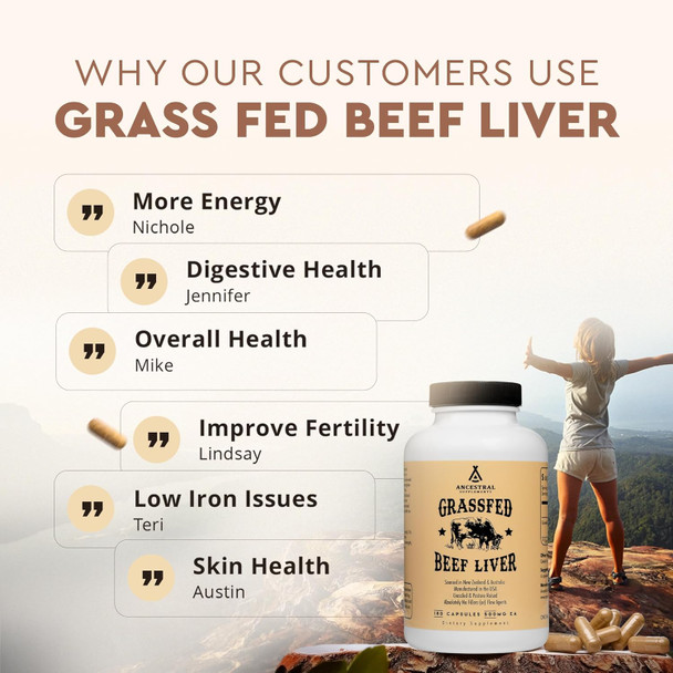 Ancestral Supplements Grass Fed Beef Liver (Desiccated) Natural Iron Vitamin A B12 for Energy 180 Capsules