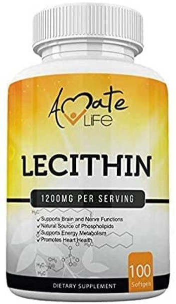 Soy Lecithin 1200Mg Capsules Supplement For Heart, Liver & Brain Health – Supports Immune System, Brain Function & Metabolism - Non-Gmo & Made In The Usa- 100 Softgels / 1200Mg By Amate Life