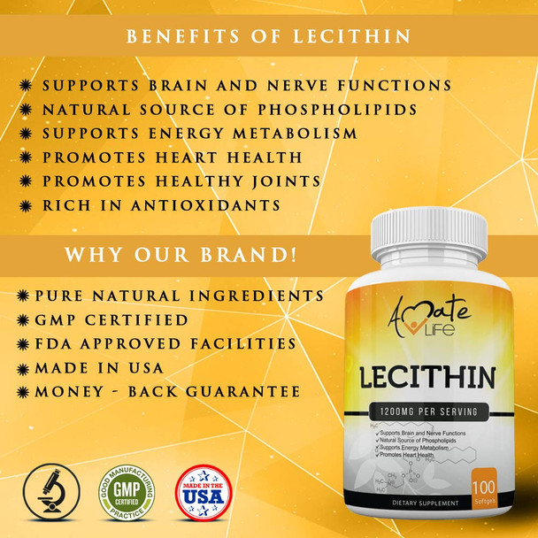 Soy Lecithin 1200Mg Capsules Supplement For Heart, Liver & Brain Health – Supports Immune System, Brain Function & Metabolism - Non-Gmo & Made In The Usa- 100 Softgels / 1200Mg By Amate Life